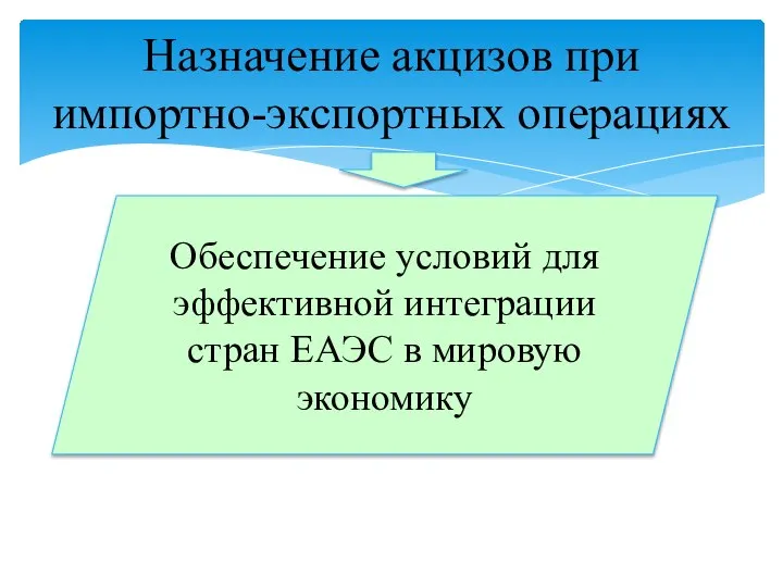 Назначение акцизов при импортно-экспортных операциях Обеспечение условий для эффективной интеграции стран ЕАЭС в мировую экономику