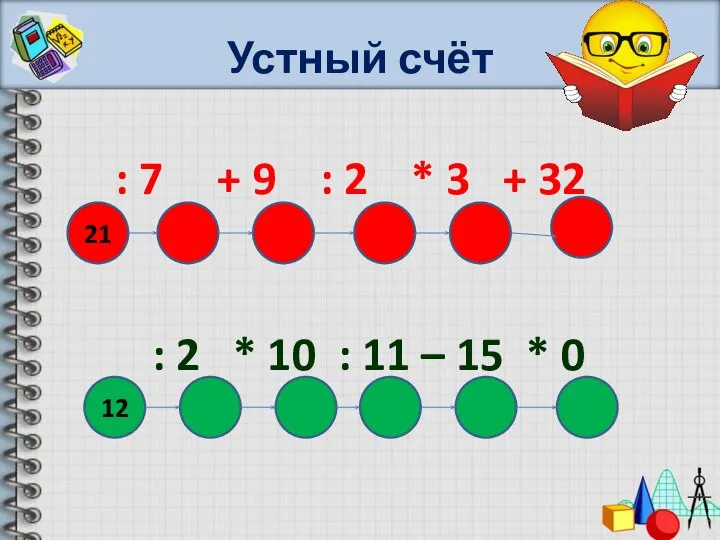 Устный счёт : 7 + 9 : 2 * 3 +