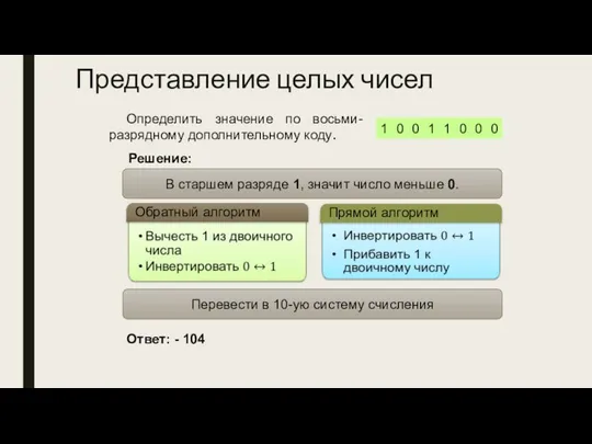 Представление целых чисел Определить значение по восьми-разрядному дополнительному коду. Решение: В