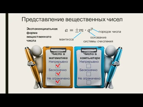 Представление вещественных чисел мантисса порядок числа основание системы счисления Экспоненциальная форма вещественного числа