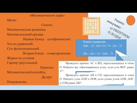 «Математическое кафе» Меню: Салаты: Математическая разминка. Математический ералаш. Первые блюда –