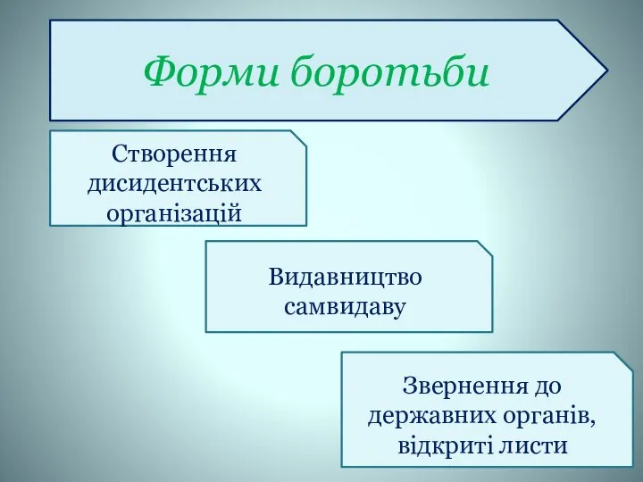 Форми боротьби Звернення до державних органів, відкриті листи Видавництво самвидаву Створення дисидентських організацій