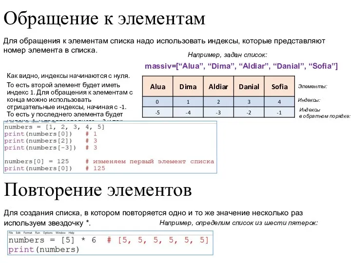 Обращение к элементам Как видно, индексы начинаются с нуля. То есть