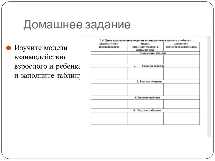 Домашнее задание Изучите модели взаимодействия взрослого и ребенка и заполните таблицу