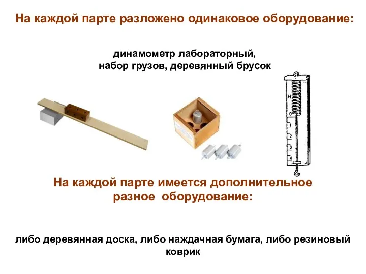 На каждой парте разложено одинаковое оборудование: динамометр лабораторный, набор грузов, деревянный