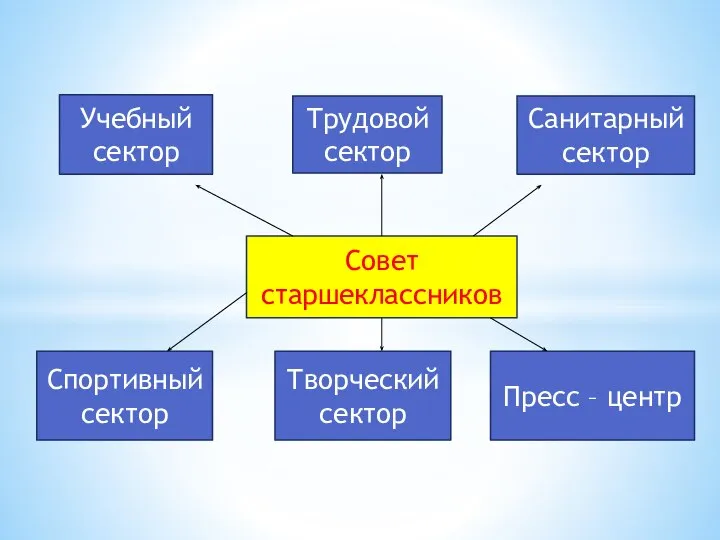 Учебный сектор Трудовой сектор Санитарный сектор Совет старшеклассников Творческий сектор Спортивный сектор Пресс – центр