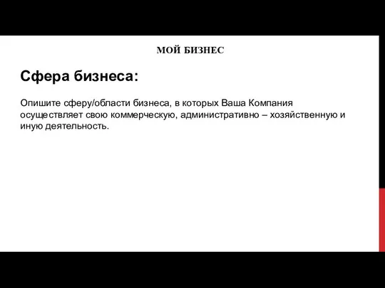 МОЙ БИЗНЕС Сфера бизнеса: Опишите сферу/области бизнеса, в которых Ваша Компания