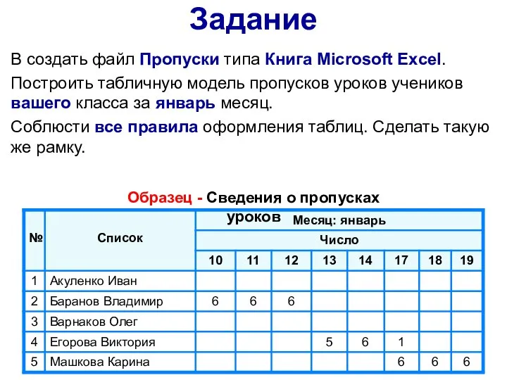 Задание В создать файл Пропуски типа Книга Microsoft Excel. Построить табличную