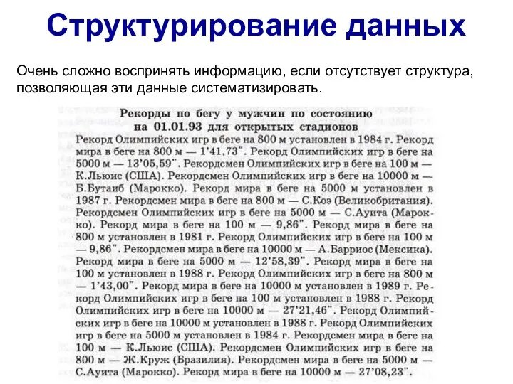 Очень сложно воспринять информацию, если отсутствует структура, позволяющая эти данные систематизировать. Структурирование данных