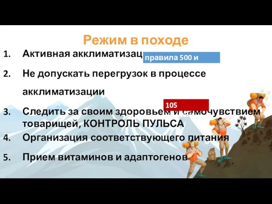 Режим в походе Активная акклиматизация и 1000м Не допускать перегрузок в