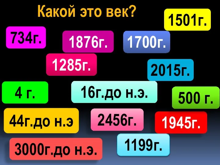 734г. 1876г. 1501г. 1700г. 1285г. 44г.до н.э 2015г. 2456г. 16г.до н.э.