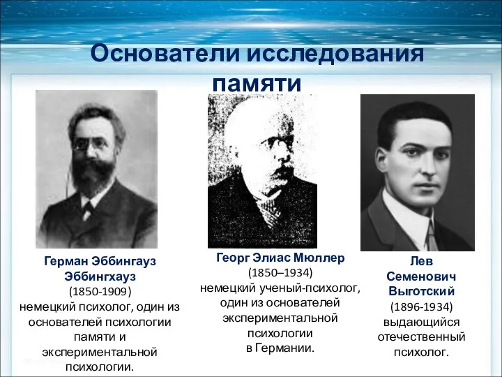 Герман Эббингауз Эббингхауз (1850-1909) немецкий психолог, один из основателей психологии памяти