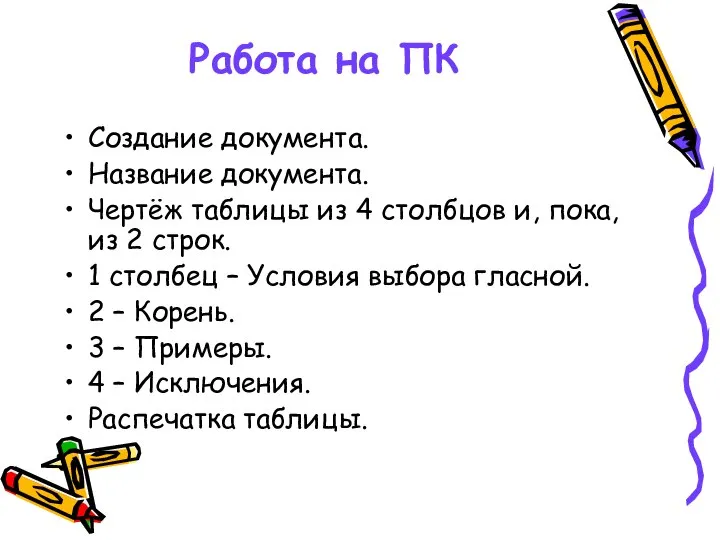 Работа на ПК Создание документа. Название документа. Чертёж таблицы из 4