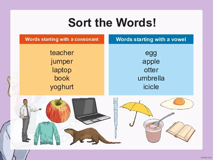 Sort the Words! teacher jumper laptop book yoghurt egg apple otter