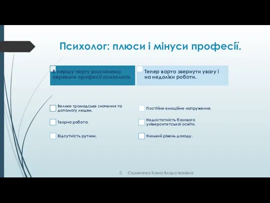 Психолог: плюси і мінуси професії. Студенетка Кохно Влада Іванівна