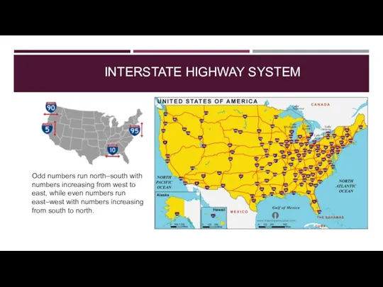INTERSTATE HIGHWAY SYSTEM Odd numbers run north–south with numbers increasing from