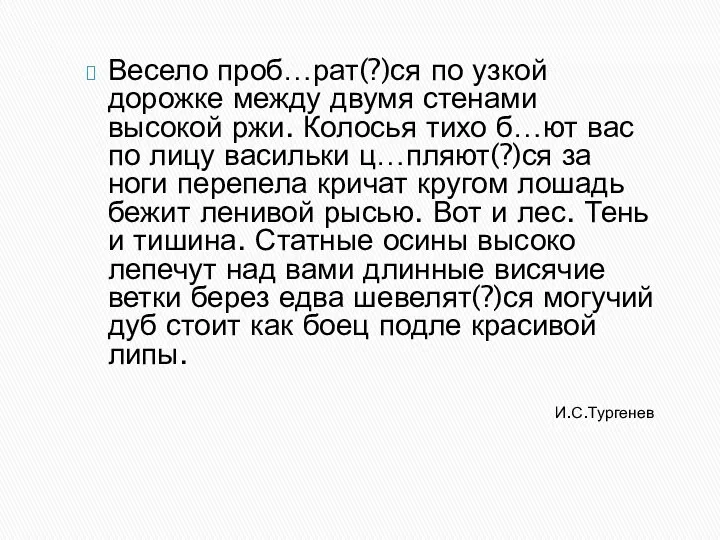 И.С.Тургенев Весело проб…рат(?)ся по узкой дорожке между двумя стенами высокой ржи.