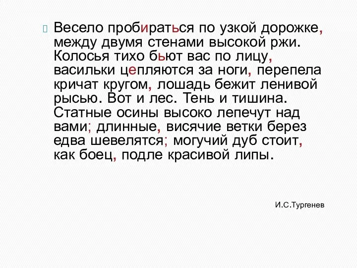 И.С.Тургенев Весело пробираться по узкой дорожке, между двумя стенами высокой ржи.