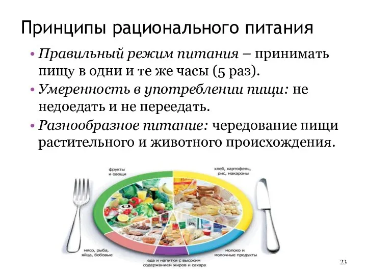 Принципы рационального питания Правильный режим питания – принимать пищу в одни