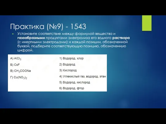 Практика (№9) - 1543 Установите соответствие между формулой вещества и газообразными