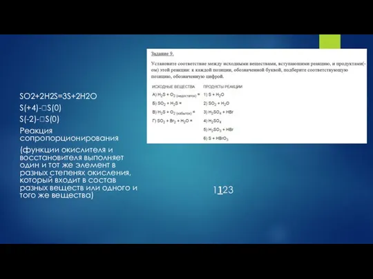 1123 SO2+2H2S=3S+2H2O S(+4)-?S(0) S(-2)-?S(0) Реакция сопропорционирования (функции окислителя и восстановителя выполняет