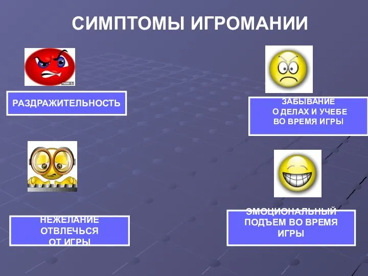 СИМПТОМЫ ИГРОМАНИИ РАЗДРАЖИТЕЛЬНОСТЬ ЭМОЦИОНАЛЬНЫЙ ПОДЪЕМ ВО ВРЕМЯ ИГРЫ ЗАБЫВАНИЕ О ДЕЛАХ