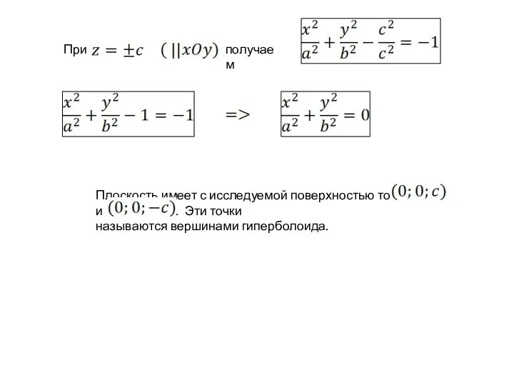 При получаем Плоскость имеет с исследуемой поверхностью точки и . Эти точки называются вершинами гиперболоида.