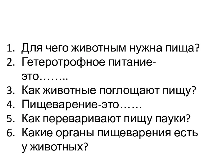 Для чего животным нужна пища? Гетеротрофное питание-это…….. Как животные поглощают пищу?