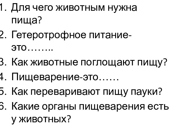 Для чего животным нужна пища? Гетеротрофное питание-это…….. Как животные поглощают пищу?