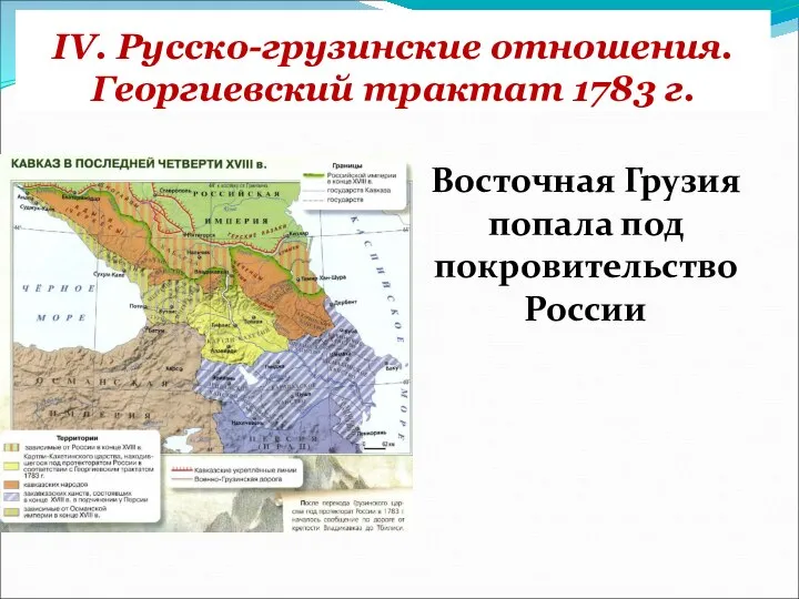 IV. Русско-грузинские отношения. Георгиевский трактат 1783 г. Восточная Грузия попала под покровительство России