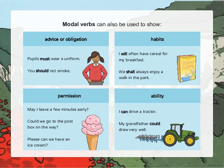 Modal verbs can also be used to show: advice or obligation permission habits ability