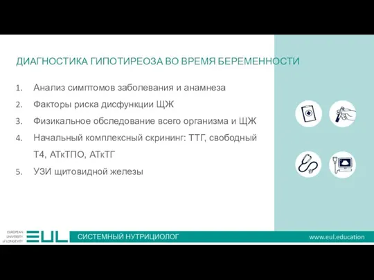 Анализ симптомов заболевания и анамнеза Факторы риска дисфункции ЩЖ Физикальное обследование