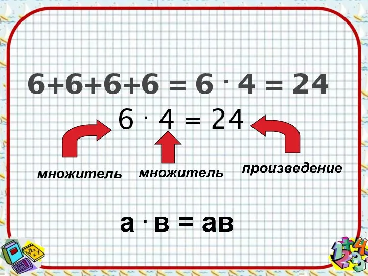 6+6+6+6 = 6 . 4 = 24 6 . 4 = 24 множитель