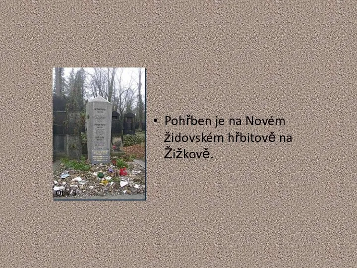 Pohřben je na Novém židovském hřbitově na Žižkově. Obr. 9