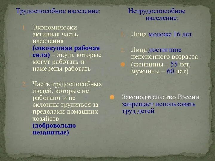 Трудоспособное население: Экономически активная часть населения (совокупная рабочая сила) – люди,