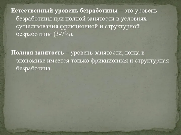 Естественный уровень безработицы – это уровень безработицы при полной занятости в