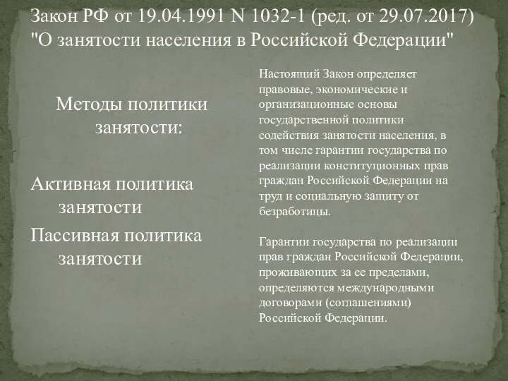 Методы политики занятости: Активная политика занятости Пассивная политика занятости Закон РФ