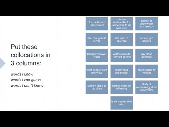 Put these collocations in 3 columns: words I know words I