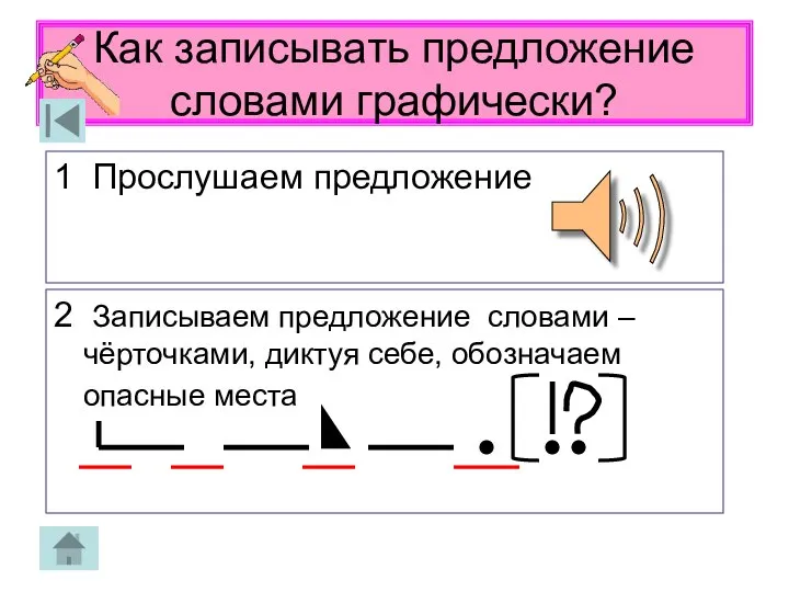 Как записывать предложение словами графически? 1 Прослушаем предложение 2 Записываем предложение