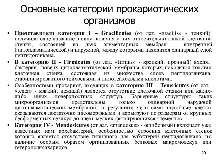 Основные категории прокариотических организмов Представители категории I – Gracilicutes (от лат.