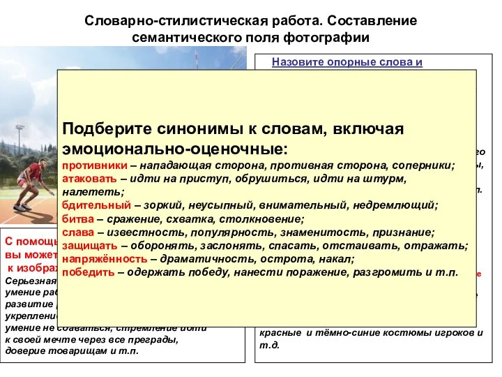 Словарно-стилистическая работа. Составление семантического поля фотографии Назовите опорные слова и словосочетания,