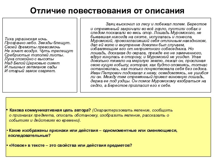 Отличие повествования от описания Заяц выскочил из лесу и побежал полем.