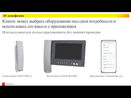 IP-домофония Клиент может выбрать оборудование под свои потребности и использовать его