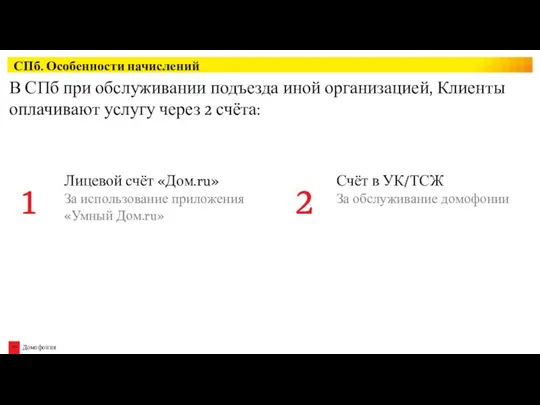 В СПб при обслуживании подъезда иной организацией, Клиенты оплачивают услугу через 2 счёта: СПб. Особенности начислений