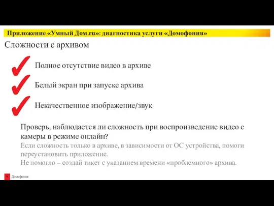 Сложности с архивом Приложение «Умный Дом.ru»: диагностика услуги «Домофония» Полное отсутствие
