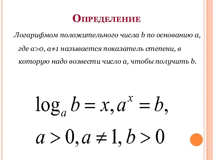 Определение Логарифмом положительного числа b по основанию a, где а>0, а≠1