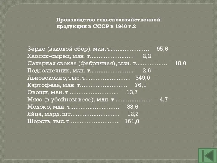 Производство сельскохозяйственной продукции в СССР в 1940 г.2 Зерно (валовой сбор),