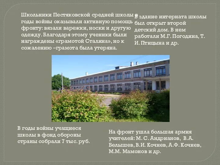 Школьники Пестяковской средней школы в годы войны оказывали активную помощь фронту: