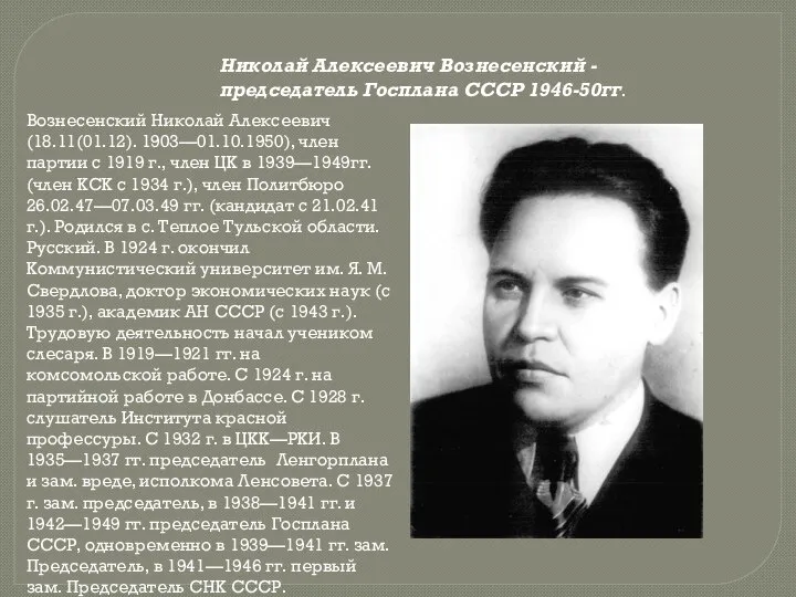 Николай Алексеевич Вознесенский - председатель Госплана СССР 1946-50гг. Вознесенский Николай Алексеевич