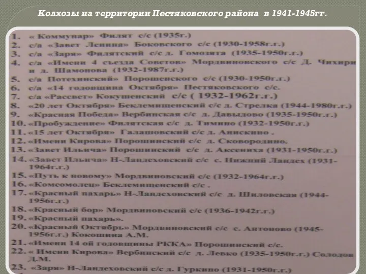 Колхозы на территории Пестяковского района в 1941-1945гг.